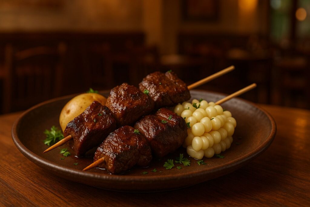 Anticuchos peruanos servidos em prato rústico de cerâmica, com espetos de carne grelhada, milho branco peruano e batata cozida, decorados com ervas frescas, sobre mesa de madeira em ambiente de restaurante aconchegante.