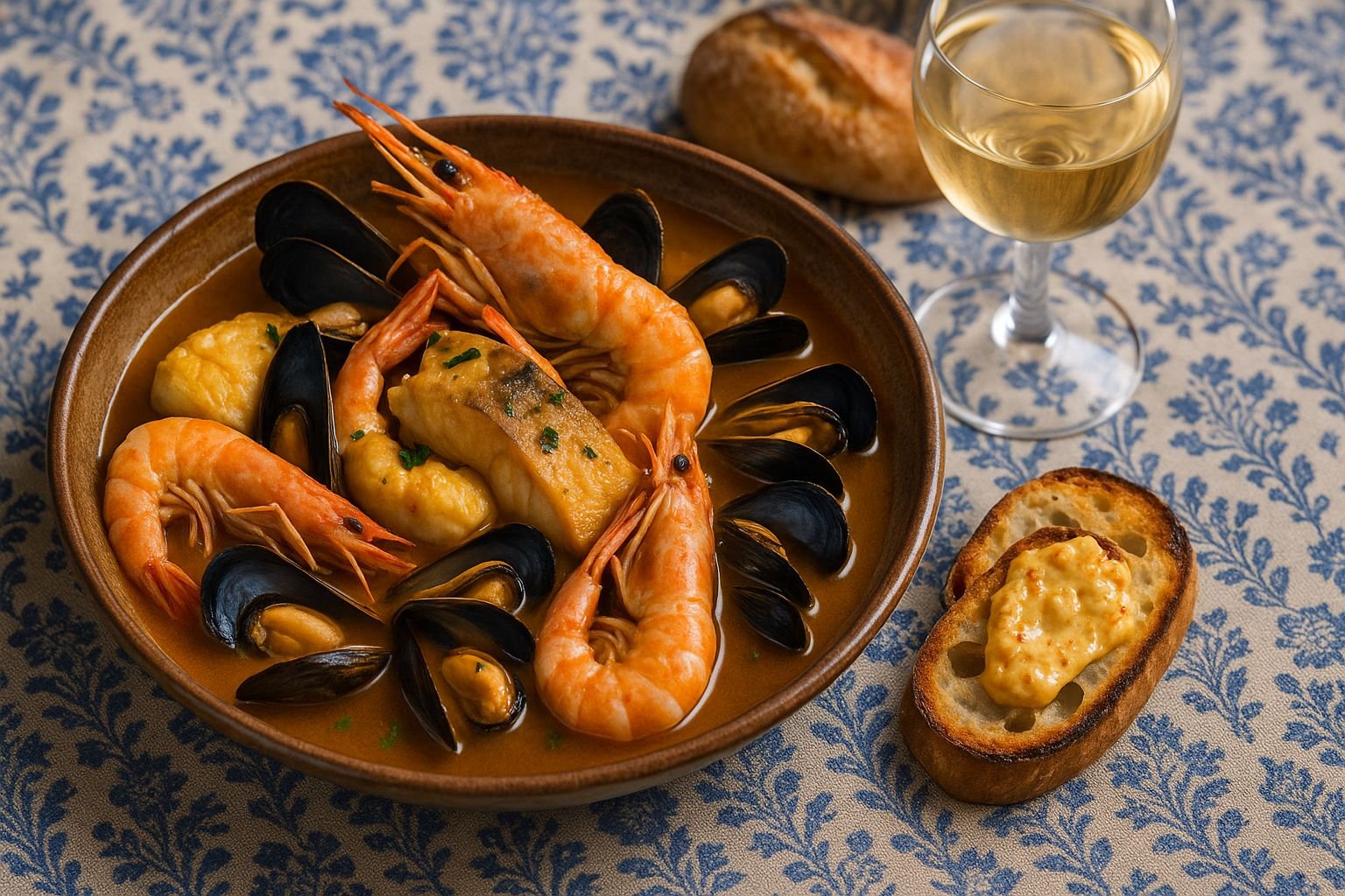 Bouillabaisse Caldo Clássico Francês servida em prato rústico com camarões, mexilhões, peixe e caldo alaranjado, acompanhada de torrada com molho rouille e taça de vinho branco sobre toalha provençal azul.