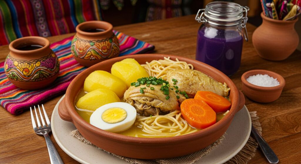 Prato típico peruano Caldo de Gallina servido em tigela de barro com pedaços de frango, batatas cozidas, cenoura, macarrão, ovo cozido e cebolinha, acompanhado por jarra de chicha morada e utensílios artesanais sobre uma mesa com toalha andina colorida.