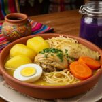 Prato típico peruano Caldo de Gallina servido em tigela de barro com pedaços de frango, batatas cozidas, cenoura, macarrão, ovo cozido e cebolinha, acompanhado por jarra de chicha morada e utensílios artesanais sobre uma mesa com toalha andina colorida.
