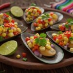 Conchas de mexilhão recheadas com milho, cebola roxa, pimentão vermelho e coentro sobre um prato de madeira, representando o prato peruano Choritos a la Chalaca.
