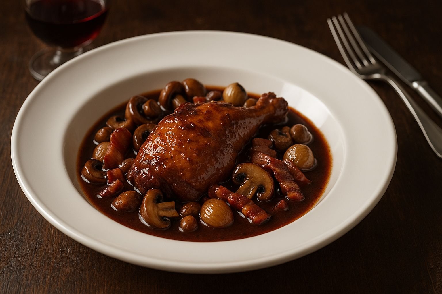 Prato de Coq au Vin servido em porcelana branca, com frango dourado ao molho de vinho tinto, cogumelos, cebolinhas caramelizadas e tiras de bacon crocante, sobre mesa rústica com taça de vinho ao fundo.