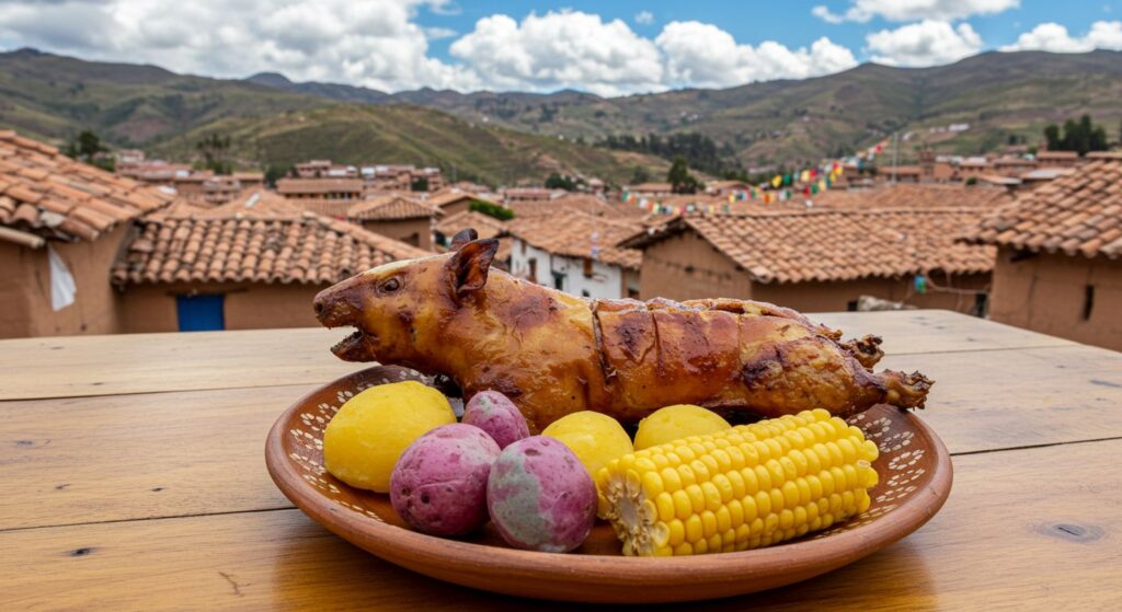 Cuy chactado assado servido com batatas coloridas e milho sobre prato de cerâmica, com casas de adobe e montanhas dos Andes ao fundo em um cenário típico do Peru.