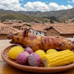 Cuy chactado assado servido com batatas coloridas e milho sobre prato de cerâmica, com casas de adobe e montanhas dos Andes ao fundo em um cenário típico do Peru.