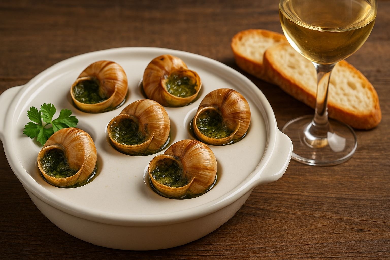Prato de escargot servido em travessa de porcelana branca, com conchas recheadas de manteiga de alho e ervas, acompanhado de fatias de pão crocante e taça de vinho branco sobre mesa de madeira rústica.