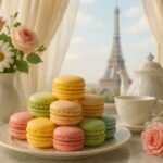 Prato com macarons coloridos sobre mesa de mármore, ao lado de buquê de flores e conjunto de porcelana branca, com a Torre Eiffel visível ao fundo.