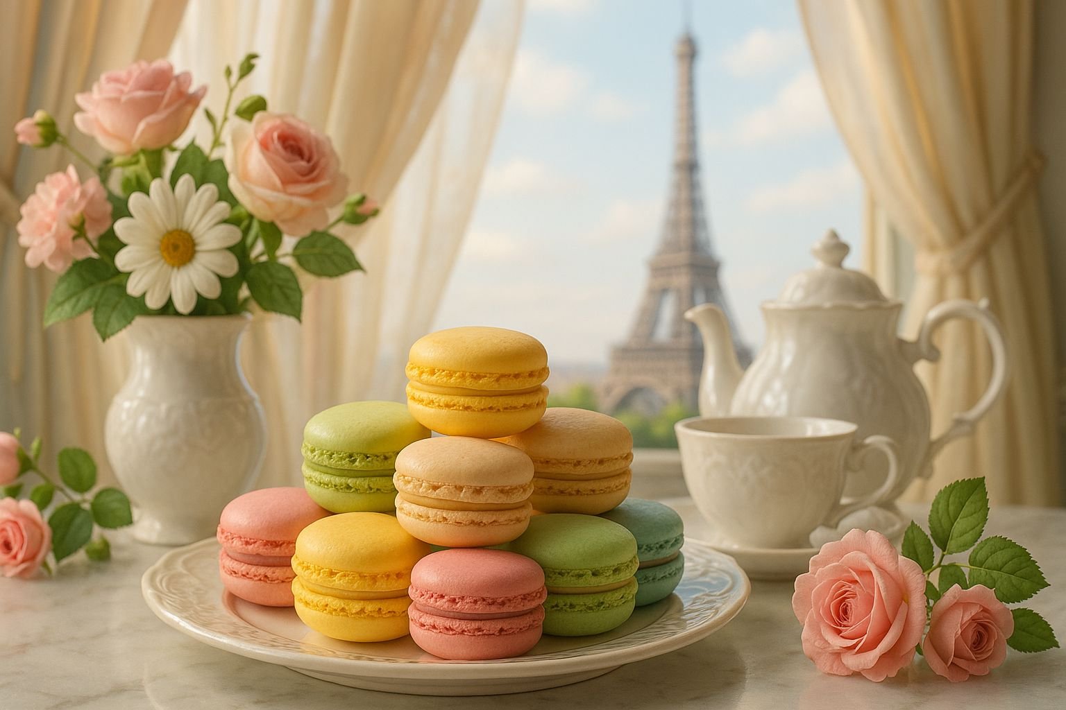 Prato com macarons coloridos sobre mesa de mármore, ao lado de buquê de flores e conjunto de porcelana branca, com a Torre Eiffel visível ao fundo.