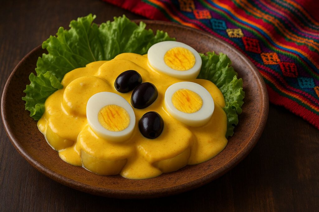 Prato tradicional peruano Papa a la Huancaína servido em prato de cerâmica, com batatas fatiadas cobertas por molho amarelo cremoso, ovos cozidos, azeitonas pretas e folhas de alface, sobre uma toalha andina colorida.
