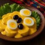 Prato tradicional peruano Papa a la Huancaína servido em prato de cerâmica, com batatas fatiadas cobertas por molho amarelo cremoso, ovos cozidos, azeitonas pretas e folhas de alface, sobre uma toalha andina colorida.