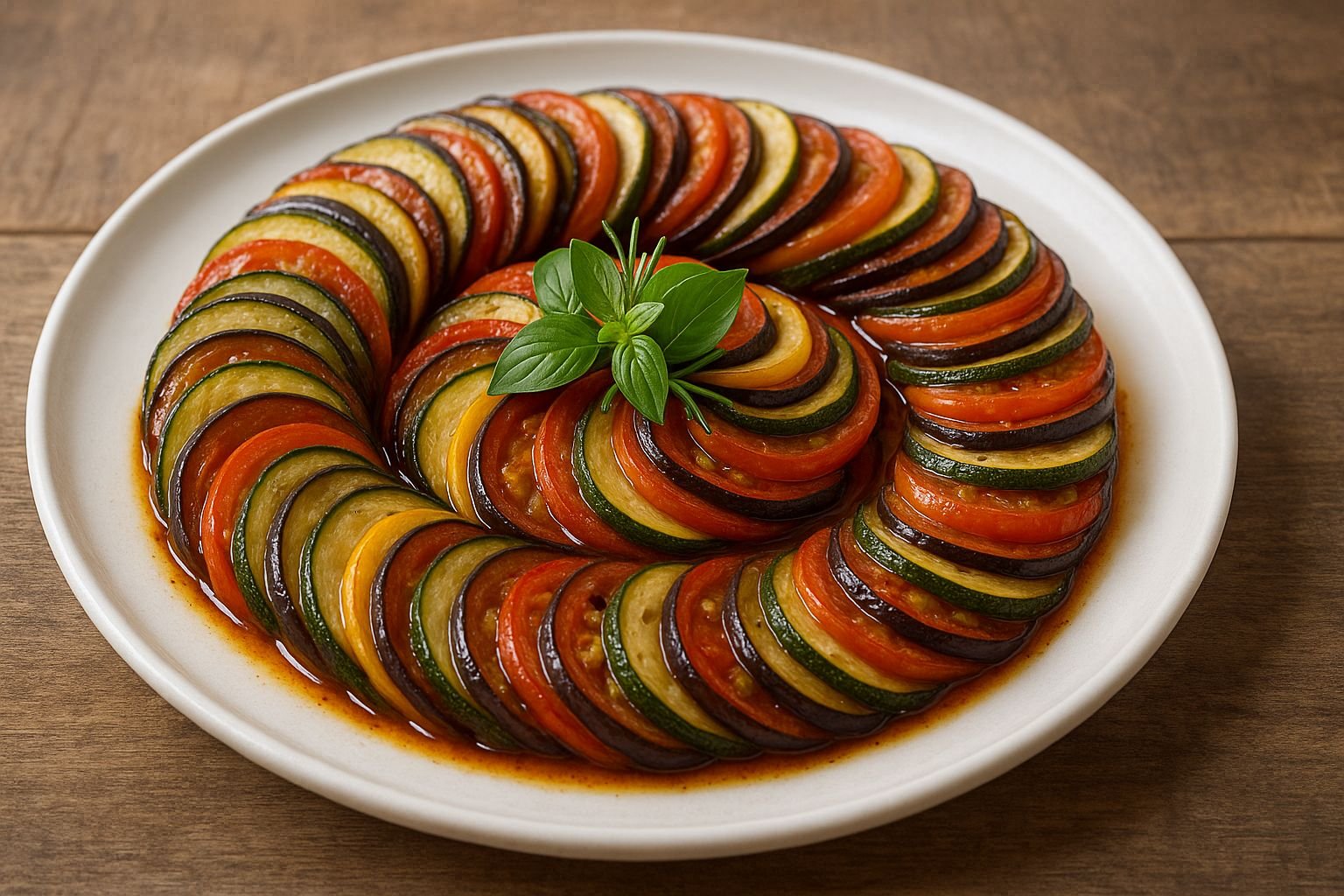 Ratatouille clássico francês servido em prato branco de porcelana, com legumes coloridos como abobrinha, berinjela e tomate dispostos em círculos organizados, decorado com folhas frescas de manjericão sobre mesa rústica de madeira.