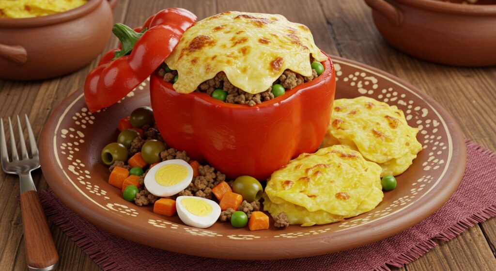 Pimentão vermelho recheado com carne moída, legumes, ovo e coberto com queijo gratinado, acompanhado de batatas ao forno em prato rústico peruano