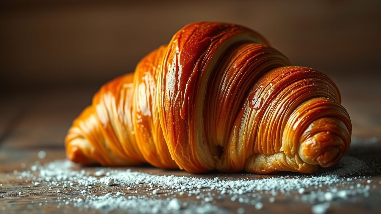 Croissant dourado e folhado sobre uma superfície de madeira com leve pó de açúcar ao redor, iluminado por luz suave que destaca sua textura crocante.
