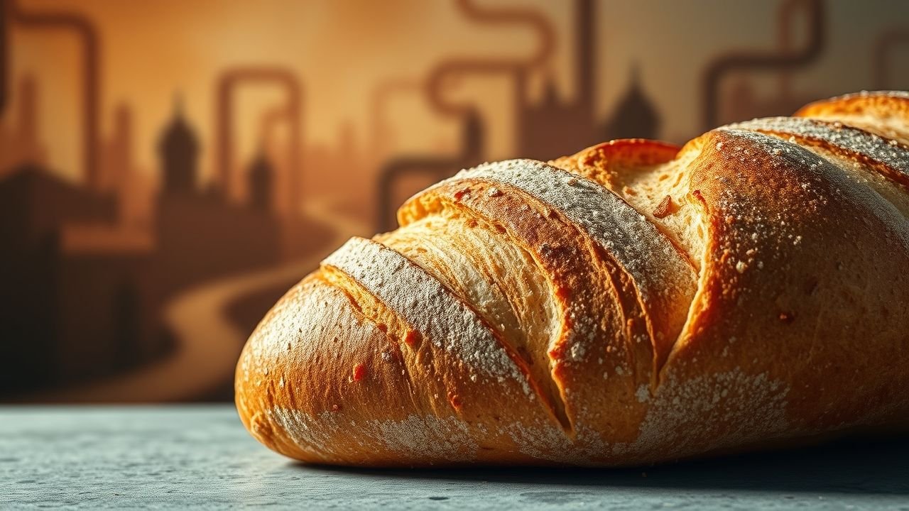 Baguette artesanal dourada com casca crocante e polvilhada de farinha, disposta sobre superfície de pedra com fundo desfocado em tons quentes.