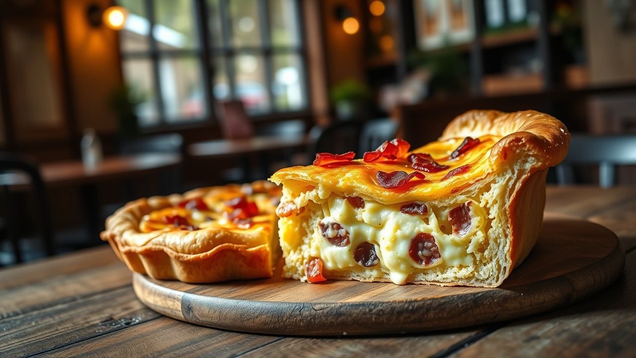 Quiche Lorraine em uma mesa de madeira, recheada com bacon, queijo e creme, em um ambiente aconchegante de restaurante.