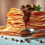 Pilha de crêpes frances finos empilhados, cobertos com calda de chocolate derretida, decorados com folhas de hortelã e confeitos de chocolate.
