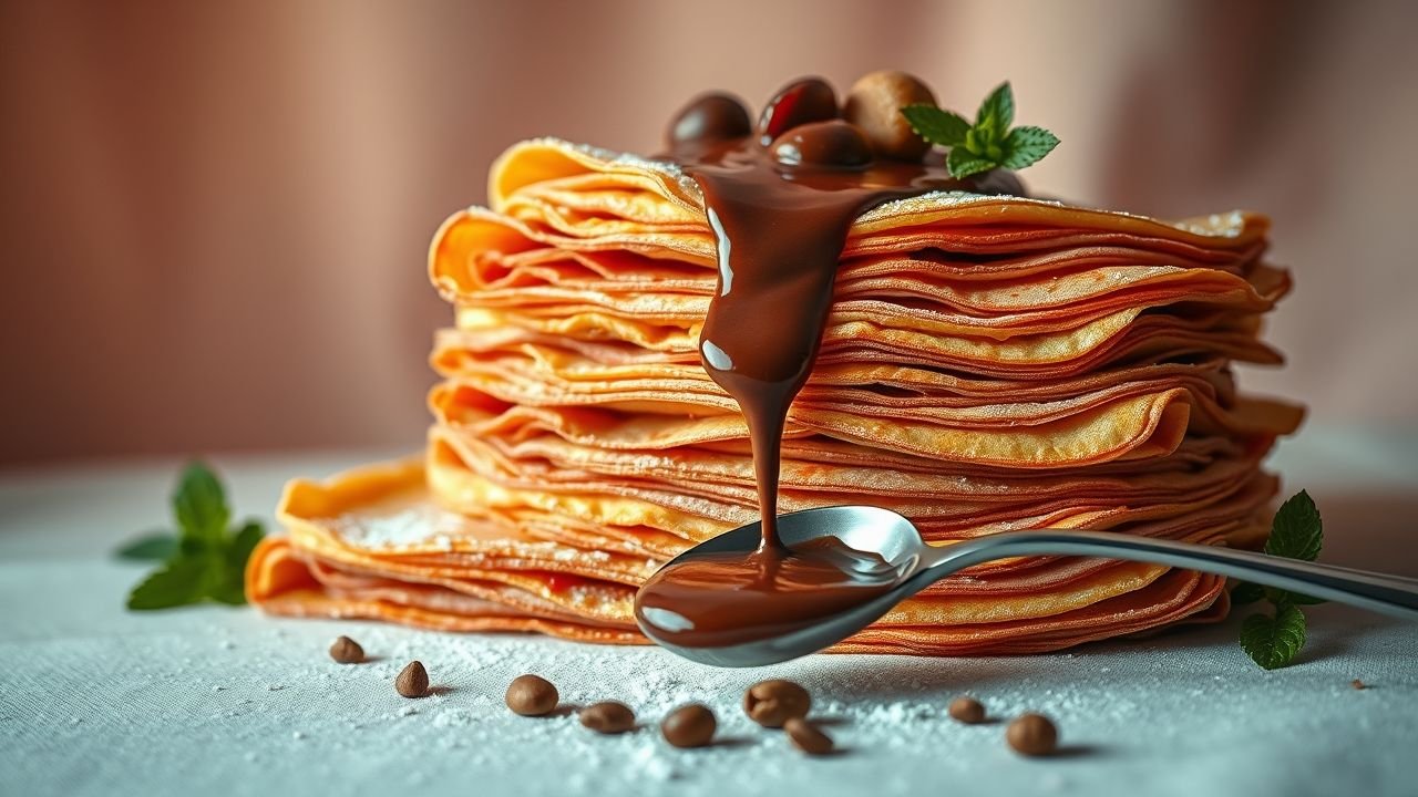 Pilha de crêpes frances finos empilhados, cobertos com calda de chocolate derretida, decorados com folhas de hortelã e confeitos de chocolate.