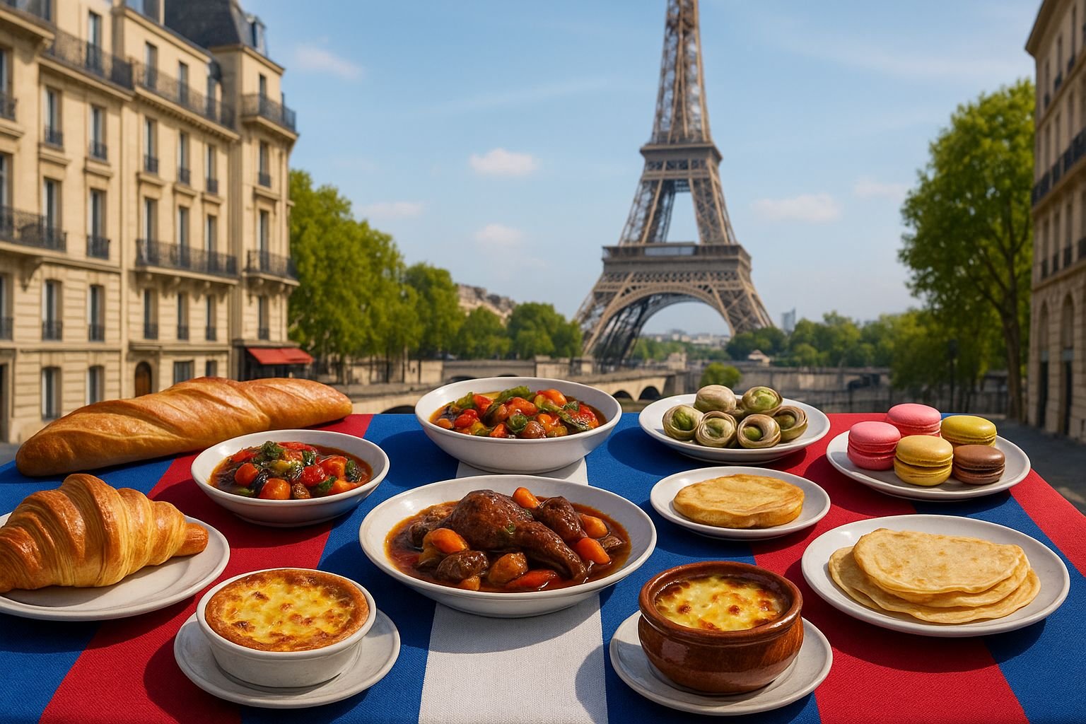 Mesa com toalha nas cores da bandeira da França, em ambiente parisiense com a Torre Eiffel ao fundo, exibindo pratos típicos da culinária francesa como croissant, baguette, ratatouille, quiche Lorraine, escargot, soupe à l’oignon, coq au vin, bouillabaisse, crêpes e macarons.