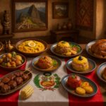 Mesa rústica com a bandeira do Peru exibindo dez pratos típicos da culinária peruana, com destaque para ceviche, lomo saltado, ají de gallina e anticuchos, em ambiente decorado com tapeçarias andinas e vista para Machu Picchu ao fundo.