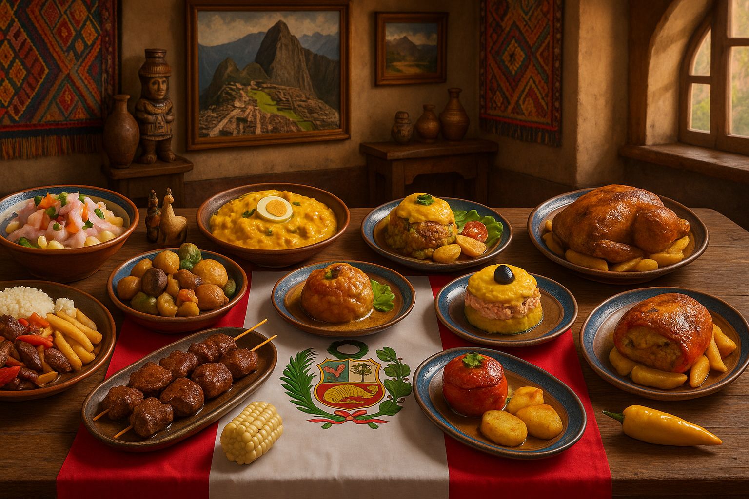 Mesa rústica com a bandeira do Peru exibindo dez pratos típicos da culinária peruana, com destaque para ceviche, lomo saltado, ají de gallina e anticuchos, em ambiente decorado com tapeçarias andinas e vista para Machu Picchu ao fundo.