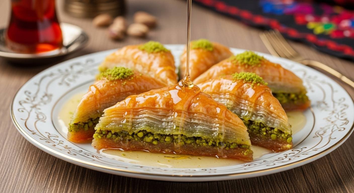 Prato de Baklava turca cortada em fatias triangulares, coberta com calda de mel e recheada com pistache, servida em prato decorado com chá turco ao fundo.
