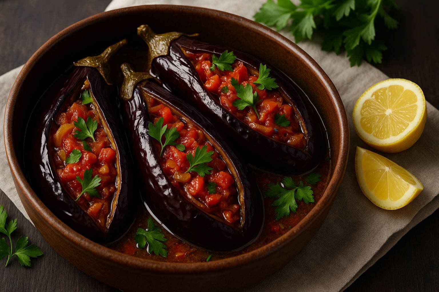 Berinjelas recheadas com tomates e cebolas caramelizadas, servidas em caçarola rústica turca, acompanhadas de limão e salsa fresca.