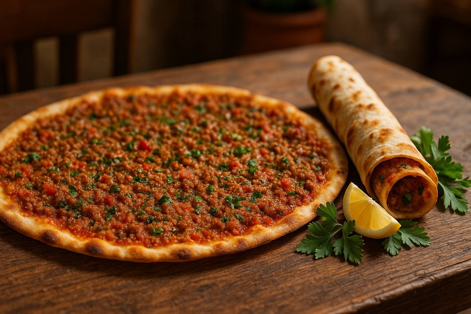 Lahmacun, pizza turca tradicional servida sobre mesa de madeira, com massa fina coberta por carne moída temperada, tomate, cebola e salsinha, acompanhada de rolinho de lahmacun, limão e folhas de salsa.