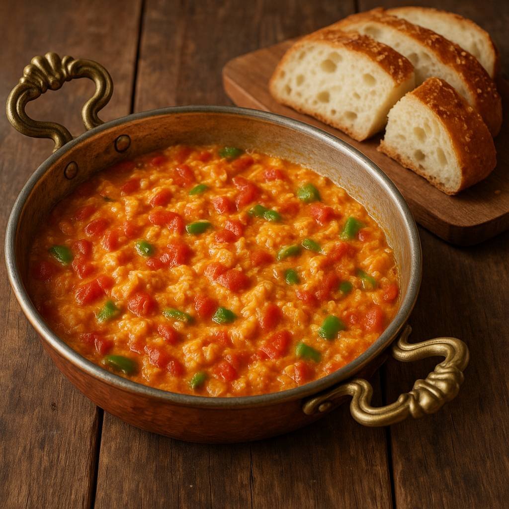 Menemen ovos mexidos da Turquia servidos em frigideira de cobre com tomate, pimentão verde e pão artesanal ao lado sobre mesa de madeira.