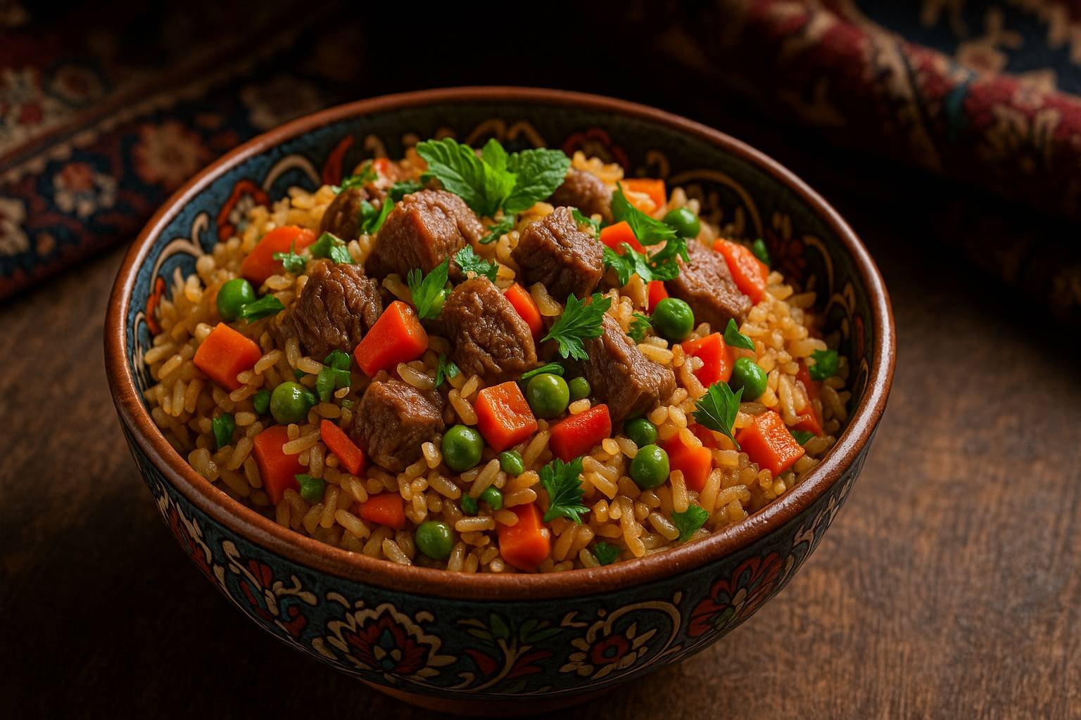Pilaf Turco servido em tigela de cerâmica decorada, com arroz soltinho dourado, pedaços de carne de cordeiro, cenouras, ervilhas e folhas de salsa e hortelã sobre mesa rústica de madeira.