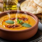 Sopa de Lentilha Turca – Mercimek Çorbası servida em tigela de cerâmica rústica, decorada com hortelã fresca, páprica e azeite, acompanhada de pão sírio e limão.