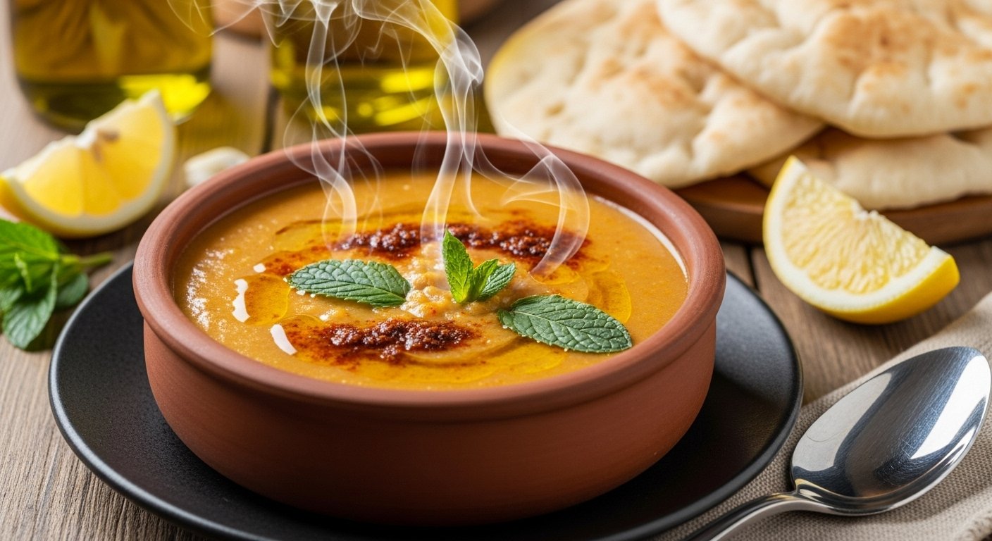 Sopa de Lentilha Turca – Mercimek Çorbası servida em tigela de cerâmica rústica, decorada com hortelã fresca, páprica e azeite, acompanhada de pão sírio e limão.