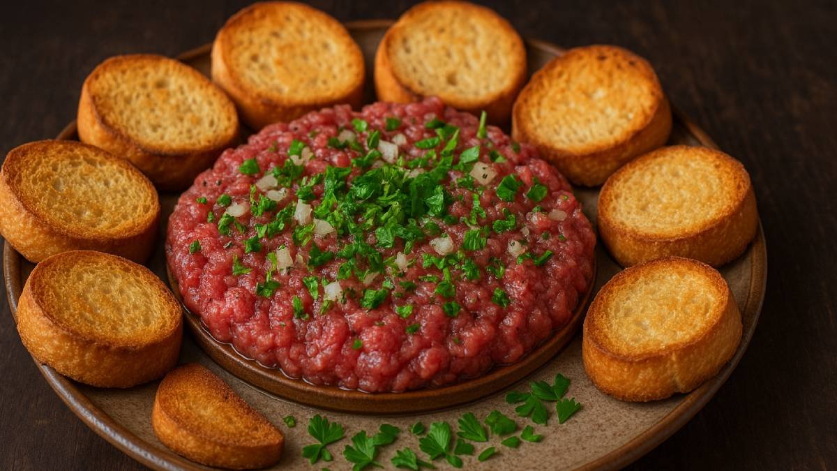Carne de onça servida em prato rústico de cerâmica, carne bovina crua moída temperada com cebola, cheiro-verde e azeite, acompanhada de torradas douradas sobre mesa de madeira.