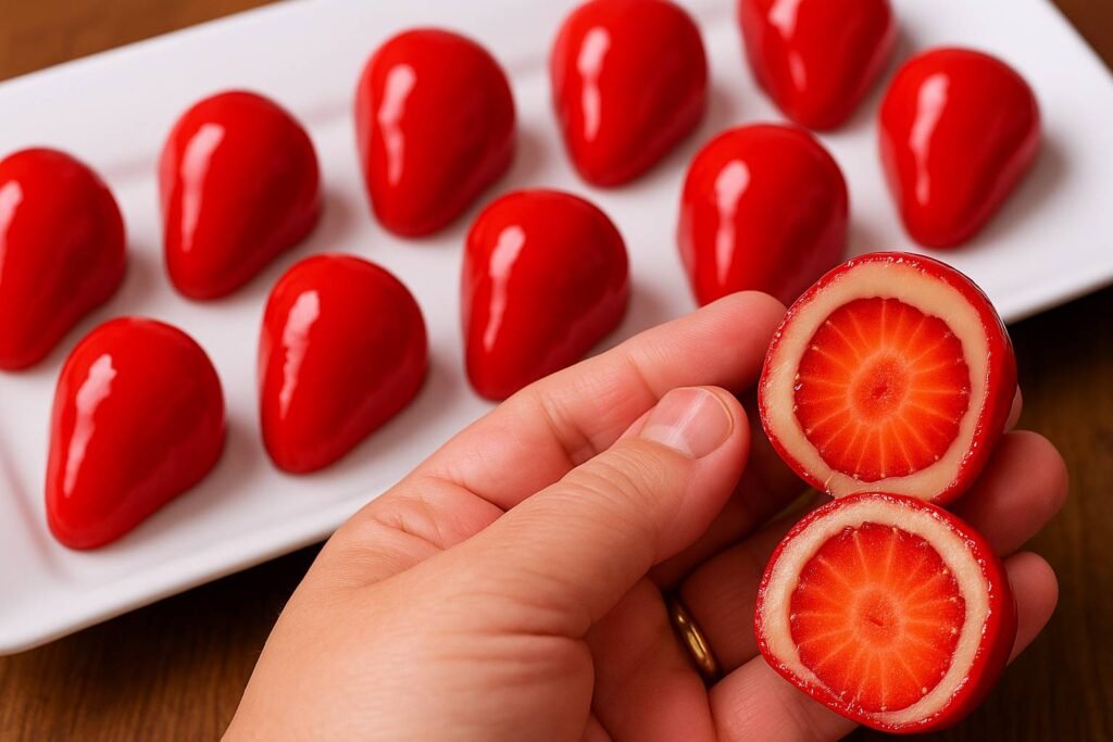 Morango do amor recheado com brigadeiro branco e coberto por calda vermelha brilhante, partido ao meio e exibido em close-up, com outros doces iguais dispostos em uma bandeja branca ao fundo.