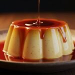 Pudim de leite condensado cremoso em formato tradicional sobre prato branco com calda caramelizada dourada escorrendo por toda a superfície e acumulada ao redor da base