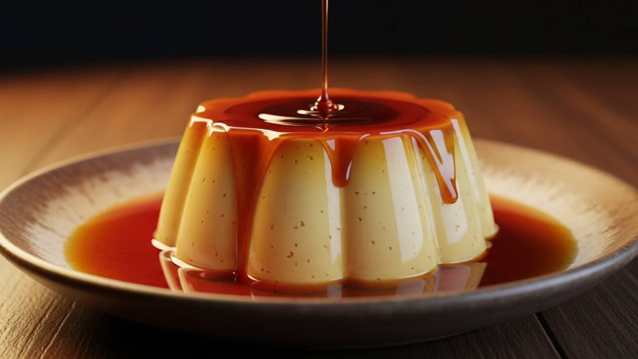 Pudim de leite condensado cremoso em formato tradicional sobre prato branco com calda caramelizada dourada escorrendo por toda a superfície e acumulada ao redor da base