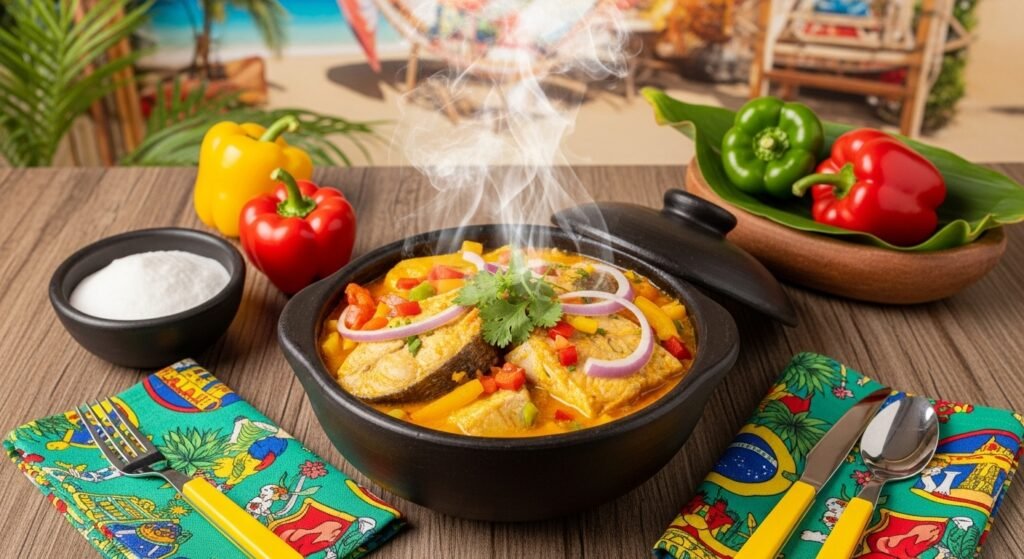 Moqueca de peixe servida em panela de barro com pimentões, cebola e coentro, sobre mesa rústica com guardanapo colorido e fundo tropical.