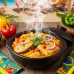 Moqueca de peixe servida em panela de barro com pimentões, cebola e coentro, sobre mesa rústica com guardanapo colorido e fundo tropical.