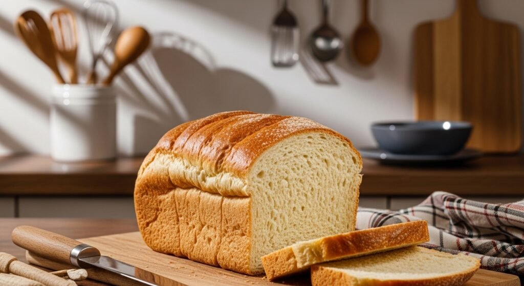Pão caseiro de forma recém-assado sobre uma tábua de madeira, com fatias cortadas e cozinha iluminada ao fundo.