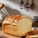 Pão caseiro de forma recém-assado sobre uma tábua de madeira, com fatias cortadas e cozinha iluminada ao fundo.